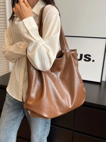 女士復古簡約手提包,大容量肩背包 - 咖啡棕 - 查看 3