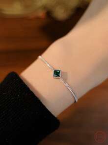 1入組S925純銀女性復古法式綠色手環,宮廷風,日常百搭首飾類帶方晶鋯石