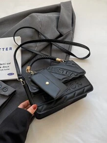 时尚翻盖封口手提包，带字母印花和卡夹，时尚压花斜挎包，时尚 PU 皮革单肩包，女士休闲翻盖手提包，钱包