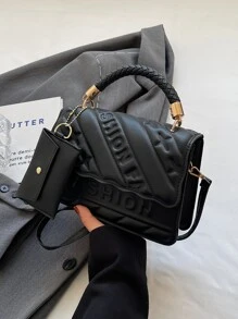 时尚翻盖封口手提包，带字母印花和卡夹，时尚压花斜挎包，时尚 PU 皮革单肩包，女士休闲翻盖手提包，钱包