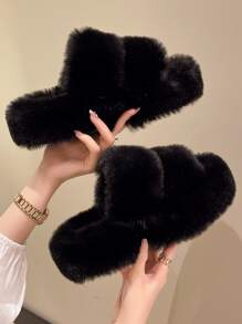 女式人造珍珠裝飾室內家居拖鞋,時尚黑色 - 黑色 - 查看 1