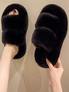 女式人造珍珠裝飾室內家居拖鞋,時尚黑色 - 黑色 - 查看 2