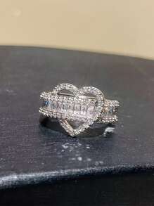 1pc Super Shiny Micro Inlaid Heart Shaped Ring For Women, Personalized Open Ended Ring, Suitable For Index Finger, Delicate Design, Wedding Or Engagement Gift Valentines,Mom,Mother,Mother's Day,Gift - Silver - View 2