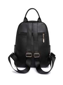 女士們時尚素色PU皮革後背包,大容量書包,木乃伊包,通勤者後背包 - 黑色 - 查看 4