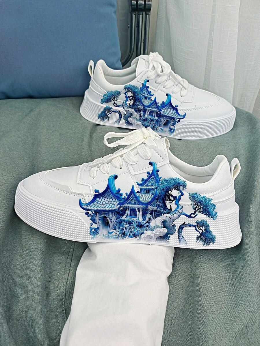 1pair Men's Chinese Architecture Design Sports Shoes - White - View 1