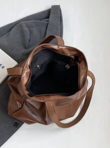 女士復古簡約手提包,大容量肩背包 - 咖啡棕 - 查看 10