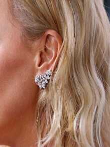1pair Bridal Clip-On Earrings Waterdrop Shaped With Cubic Zirconia For Women, Korean Style Creative Leaf & Petal Design Ear Accessory Elegant. Valentine's Day Accessories - Silver - View 1