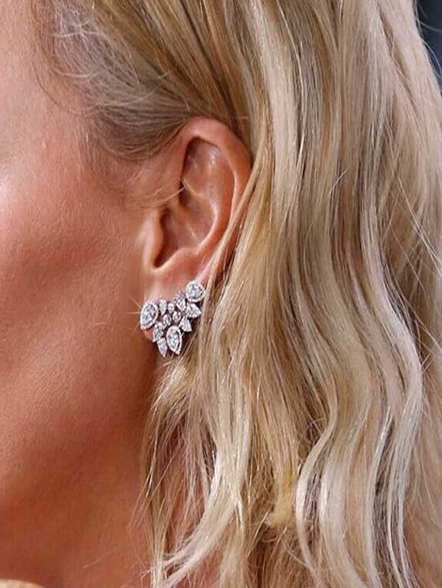 1pair Bridal Clip-On Earrings Waterdrop Shaped With Cubic Zirconia For Women, Korean Style Creative Leaf & Petal Design Ear Accessory Elegant. Valentine's Day Accessories - Silver - View 1