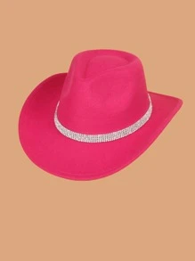 1頂[玫瑰紅色]經典西部風格牛仔帽-中性鑲嵌皮帶羊毛呢帽-適用於派對和節日! - 玫紅色 - 查看 3