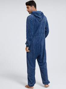 男士加厚法蘭絨連帽連身褲適用於秋天和冬天,家庭服裝,睡衣連身褲 - 寶藍色 - 查看 3