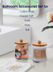 1/3入組棉花棒架座，圓形盤，牙線，7/10盎司透明塑料藥瓶組，可用於浴室儲物整理，梳妝台化妝品組織筒，配木質蓋