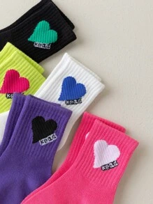 5pairs/10pairs Girls Heart & Letter Pattern Socks, Fuchsia, Purple, Fluorescent Yellow, White, Pink, Suitable For Casual/Sports Shoes, Back To School, Students, Autumn/Winter - Multicolor - View 3