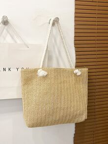 1pc Women's Large Capacity Woven Straw Tote Bag With Vacation Style - Khaki - View 3