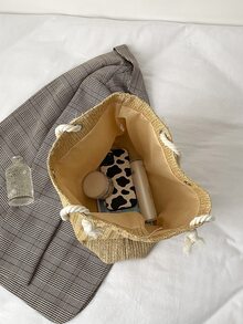 1pc Women's Large Capacity Woven Straw Tote Bag With Vacation Style - Khaki - View 5