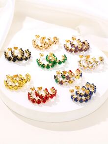 1套/9對不銹鋼金色時尚女士秋天耳釘帶水鑽裝飾 - 均碼 - 查看 1