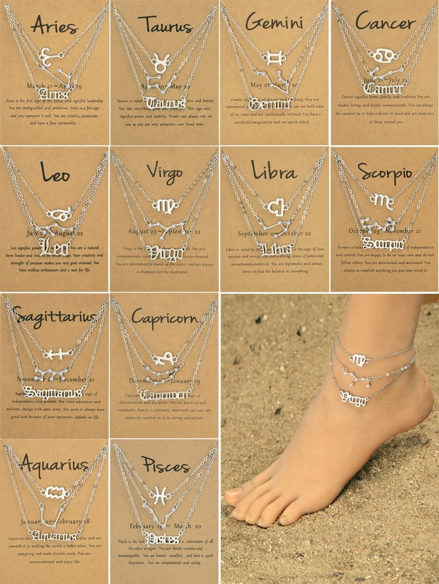 1個復古十二星座符號字母星座地圖合金吊墜,適用於腳鏈或腳部裝飾 - 銀色 - 查看 1