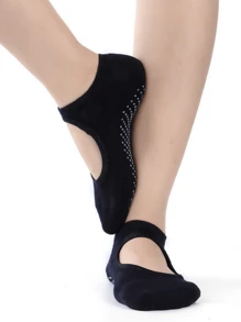 1 Pair Anti-slip Absorbent Sport Socks For Women, Open Back Yoga Socks, Black Knitted Towel Bottom Socks, Floor Socks For Dancing, Fitness - Black - View 1