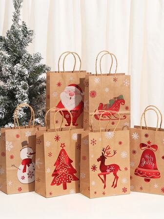 12pcs Christmas Gift Bag With Handles Kraft Paper Bags Santa Claus Snowman 2024 Xmas Party Candy Bag Cookie Present Bag Decor, Halloween, Halloween Decoration
