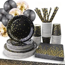 50 Piezas/set Polka Dot Patron Desechable Plato & Taza & Pajita & Servilleta De Cena - Negro - Ver 1