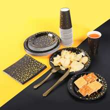 50 Piezas/set Polka Dot Patron Desechable Plato & Taza & Pajita & Servilleta De Cena - Negro - Ver 6