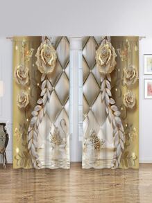 2pcs Gold Swan Shaped Decorative Rod Pocket Window Curtains For Home - Multicolor - View 2