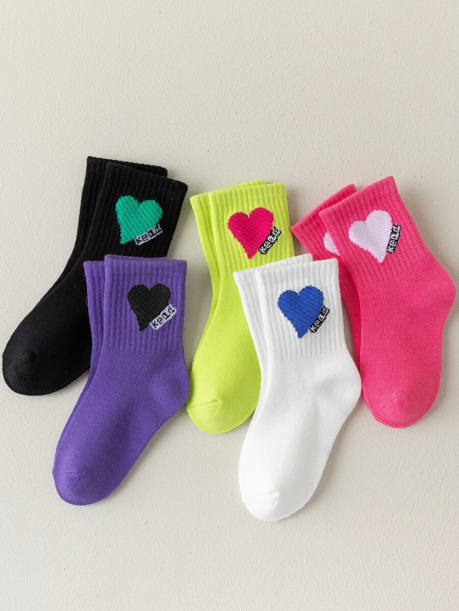 5pairs/10pairs Girls Heart & Letter Pattern Socks, Fuchsia, Purple, Fluorescent Yellow, White, Pink, Suitable For Casual/Sports Shoes, Back To School, Students, Autumn/Winter - Multicolor - View 1