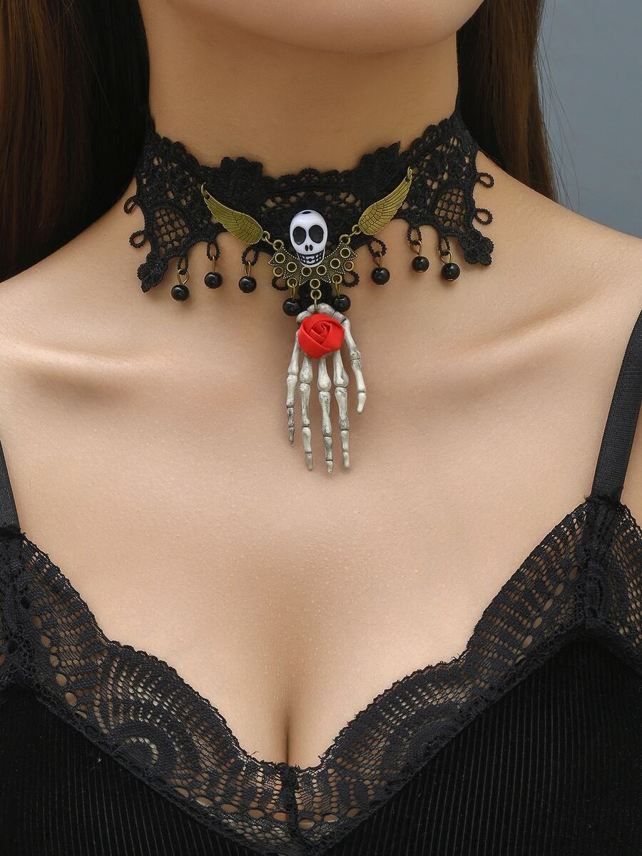 1入組萬聖節骷髏翅膀女性節日蕾絲項鍊 - 黑色 - 查看 1