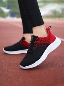 運動跑步鞋適用於女士撞色字母貼飾前綁帶運動鞋 - 紅色 - 查看 5