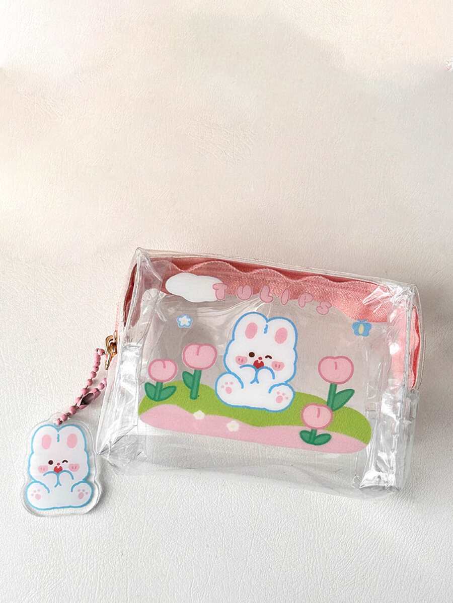 Cute Cartoon Portable Transparent Waterproof Jelly Coin Purse With Zipper, Removable Keychain, For Students - Clear - View 1