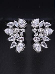 1pair Bridal Clip-On Earrings Waterdrop Shaped With Cubic Zirconia For Women, Korean Style Creative Leaf & Petal Design Ear Accessory Elegant. Valentine's Day Accessories - Silver - View 2
