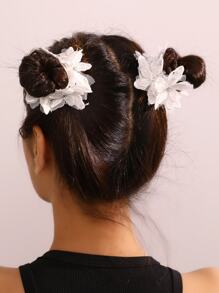 2pcs Girls' White Flower & Rhinestone Decor Hair Ties For Daily Decoration - White - View 1