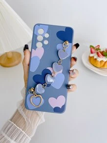 كفر هاتف أزرق مزين بتصميم قلب مطبوع بالراتنج الحراري، مع سير للمعصم ، حماية للهاتف المتوافق مع 15/15 Plus/15 Pro/15 Pro Max