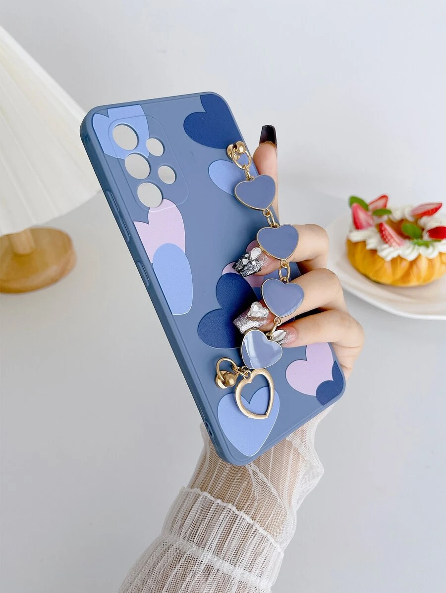 كفر هاتف أزرق مزين بتصميم قلب مطبوع بالراتنج الحراري، مع سير للمعصم ، حماية للهاتف المتوافق مع 15/15 Plus/15 Pro/15 Pro Max