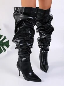 女式尖頭超過膝高靴,細高跟,寬腿和褶皺細節 - 黑色 - 查看 3