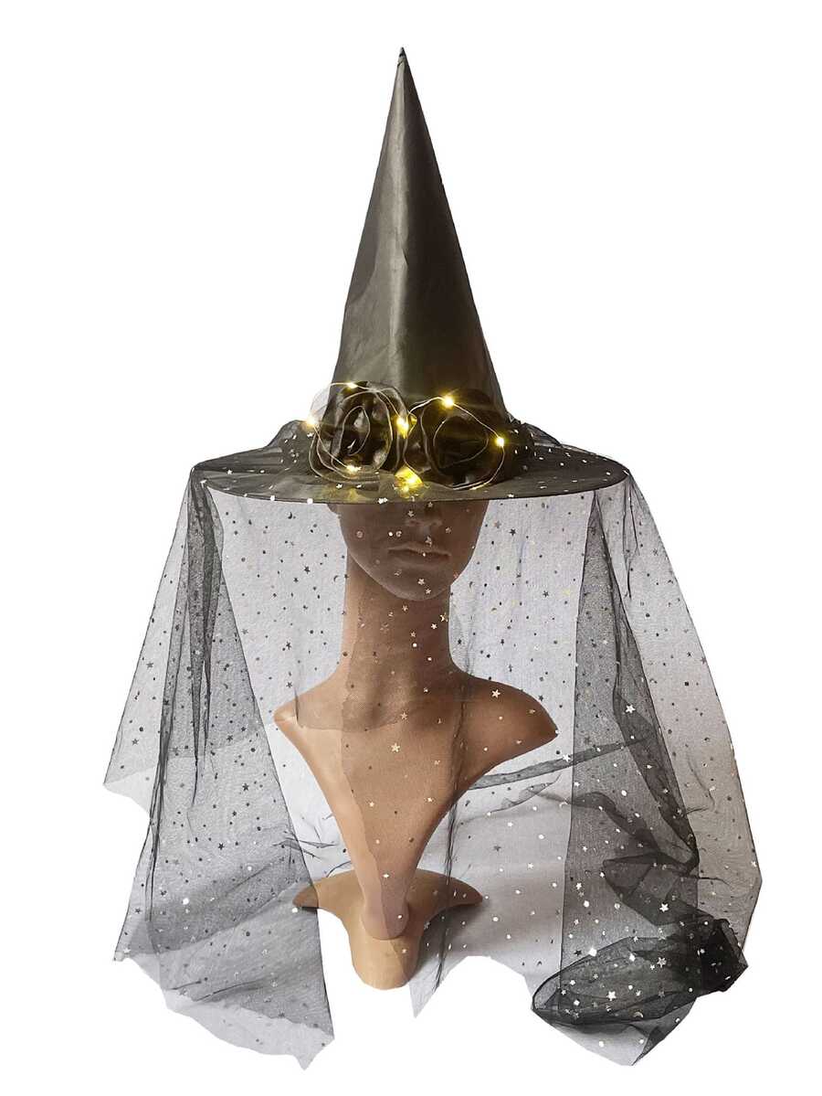1pc Halloween Gothic Style LED Glow Netting Face Mask Hat Headdress Party Rave Rose Hat (No Battery) - Black - View 1