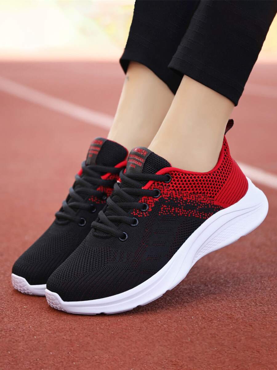 運動跑步鞋適用於女士撞色字母貼飾前綁帶運動鞋 - 紅色 - 查看 1