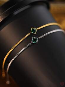 1入組S925純銀女性復古法式綠色手環,宮廷風,日常百搭首飾類帶方晶鋯石