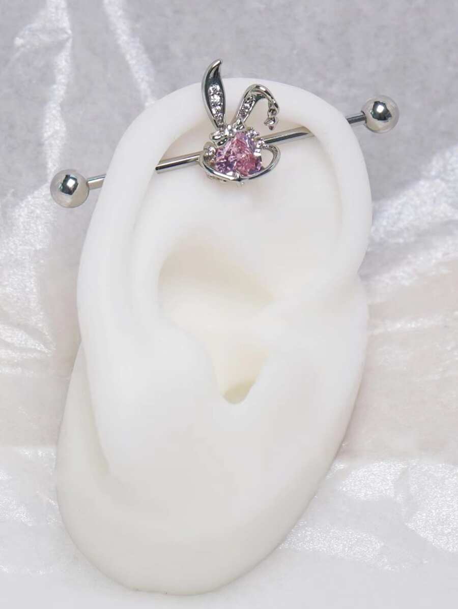 1PC Cute Rabbit Industrial Piercing Barbell Pink Crystal Industrial Scaffold Ear Piercing Body Jewelry 14G 1.6mm