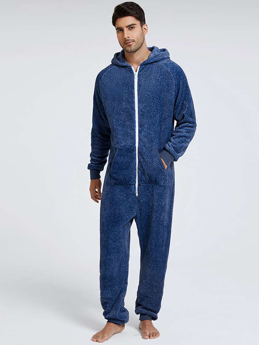 男士加厚法蘭絨連帽連身褲適用於秋天和冬天,家庭服裝,睡衣連身褲 - 寶藍色 - 查看 1