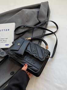 时尚翻盖封口手提包，带字母印花和卡夹，时尚压花斜挎包，时尚 PU 皮革单肩包，女士休闲翻盖手提包，钱包