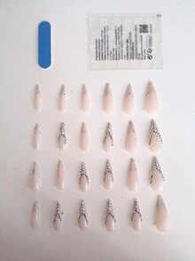 24 Piezas De Uñas Postizas Con Forma De Almendra Larga Y Decoradas Con Diamantes De Imitación En Forma De Y. Incluye 1 Pegamento Tipo Jalea Y 1 Lima De Uñas. - Multicolor - Ver 3