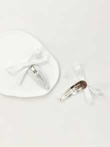2pcs/set Women's Solid Color Hair Clips With Personalized Bow Design, Suitable For Daily Wear - White - View 4