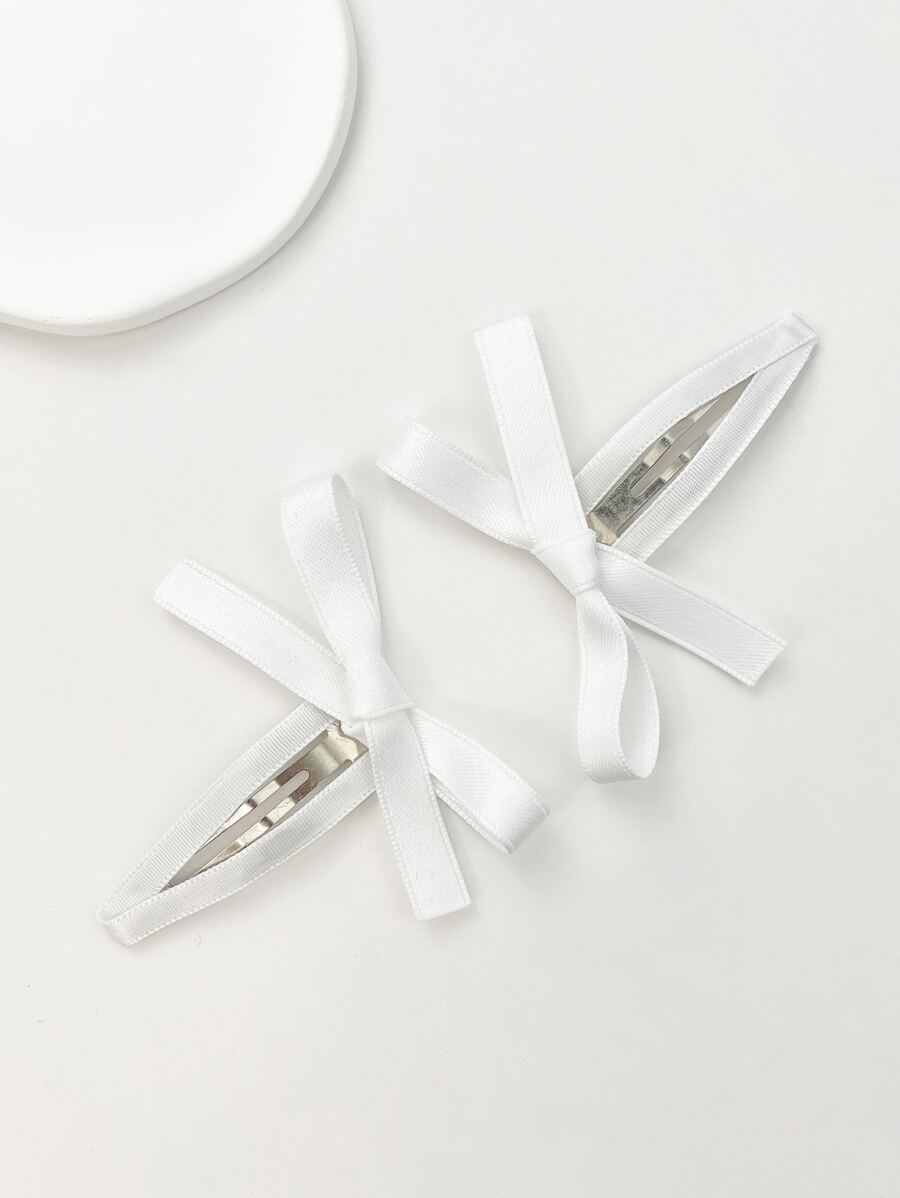 2pcs/set Women's Solid Color Hair Clips With Personalized Bow Design, Suitable For Daily Wear - White - View 1