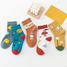 5双/套男女款可爱卡通兔子、蔬菜、蘑菇图案中筒袜，黄色。适合秋季和春季。适合幼儿、婴儿、女孩和小学生。四季皆宜。 - 彩色 - 查看 10