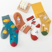 5双/套男女款可爱卡通兔子、蔬菜、蘑菇图案中筒袜，黄色。适合秋季和春季。适合幼儿、婴儿、女孩和小学生。四季皆宜。 - 彩色 - 查看 9