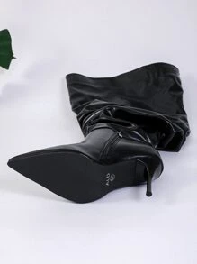 女式尖頭超過膝高靴,細高跟,寬腿和褶皺細節 - 黑色 - 查看 7