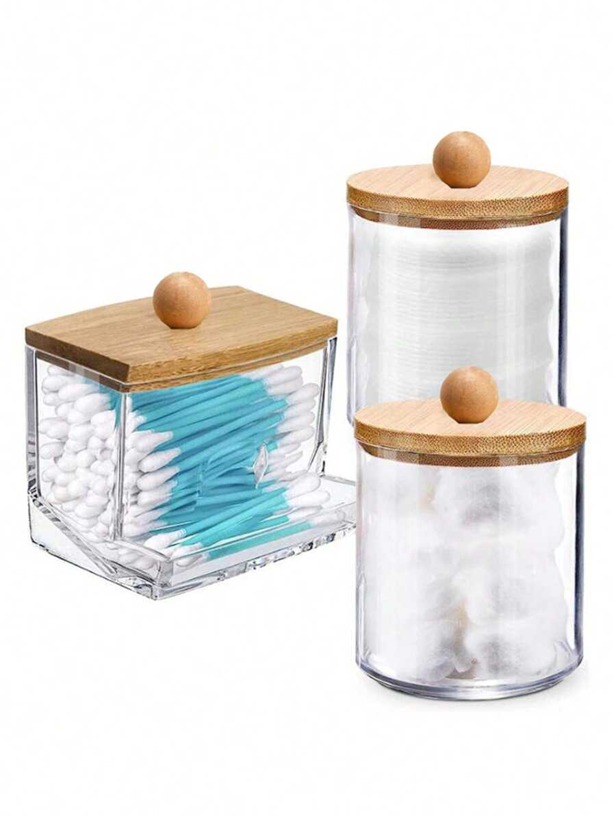 1/3入組棉花棒架座，圓形盤，牙線，7/10盎司透明塑料藥瓶組，可用於浴室儲物整理，梳妝台化妝品組織筒，配木質蓋