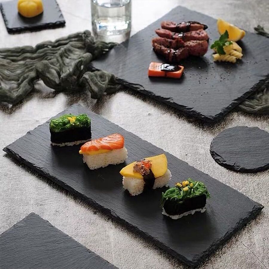 1pc Slate Plate For Dessert, Sushi, Western Black Stone Plate For Meat, Japanese Bbq Steak Plate - Black - View 1