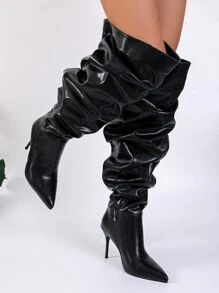 女式尖頭超過膝高靴,細高跟,寬腿和褶皺細節 - 黑色 - 查看 1