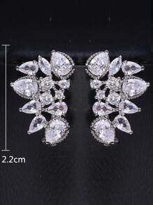 1pair Bridal Clip-On Earrings Waterdrop Shaped With Cubic Zirconia For Women, Korean Style Creative Leaf & Petal Design Ear Accessory Elegant. Valentine's Day Accessories - Silver - View 5